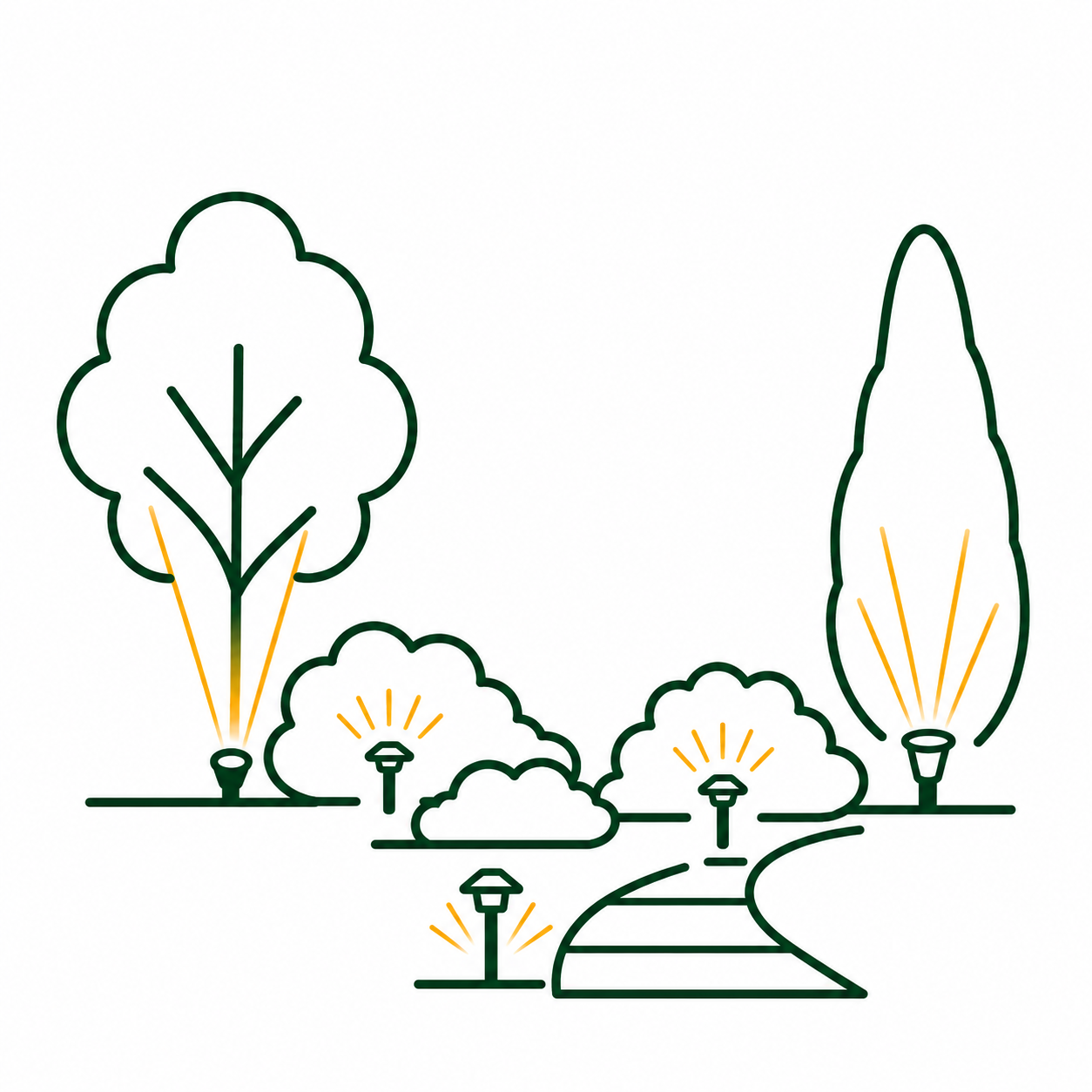 Holiday landscape lighting for trees shrubs and pathways